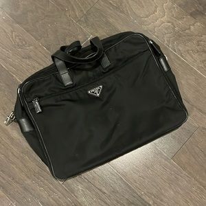 Prada black re-nylon and saffiano leather laptop messenger bag